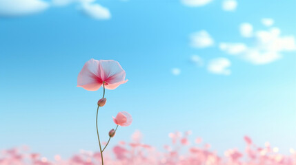 A vibrant pink flower stands out under a clear blue sky with fluffy clouds.