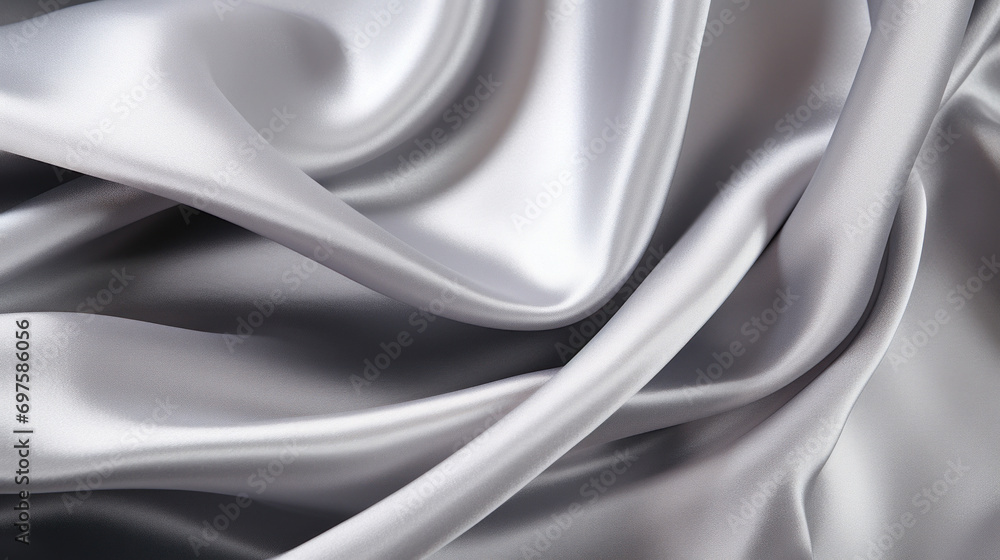 Poster silky smooth texture of silver satin fabric with elegant folds, creating a reflective and sophistica