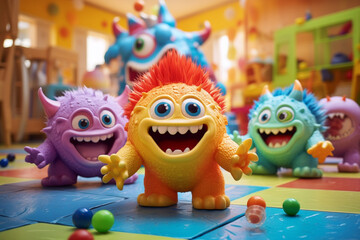 Cute baby alien monsters playing and crafting together. Colorful monster aliens children in a workshop or kindergarten having fun. Generative AI illustrations	
