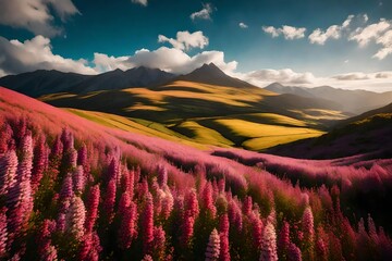 High-definition capture of a mountain landscape at day light, , featuring a field of Different color variations flowers and a vibrant sky, taken with a 105mm lens.