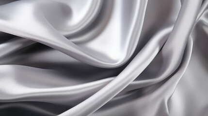 Silky smooth texture of silver satin fabric with elegant folds, creating a reflective and sophisticated metallic background.