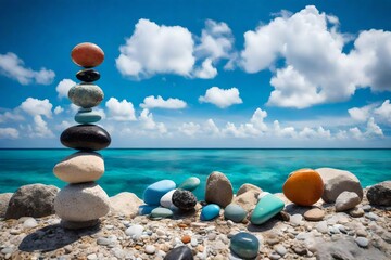 An exquisite 105mm lens capture showcasing colorful equilibrium stones set against a pristine azure sky with a panoramic view of the sea.