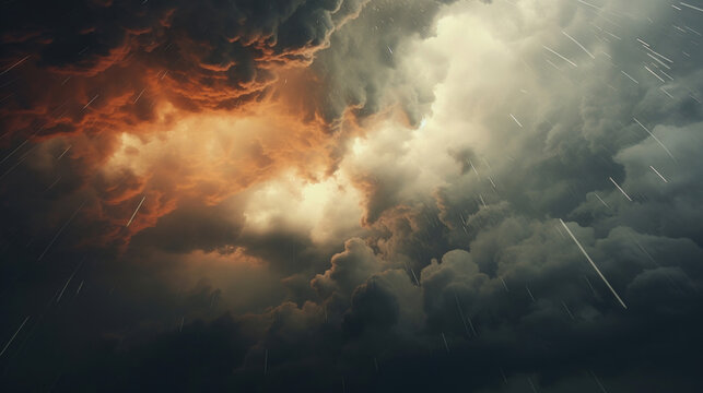 Intense thunderstorm scene with heavy rain and dramatic orange-tinted clouds over a darkened landscape.