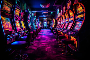 Rows of slot machines night with black light