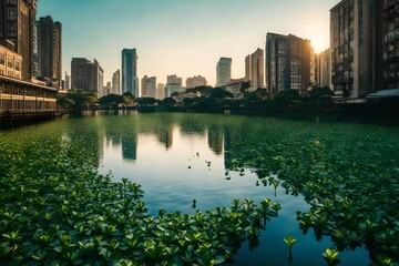 Fototapeta premium Mesmerizing water hyacinths covering a city's lake, capturing the essence of a tranquil urban oasis.