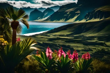 palm tree stands out against a backdrop of towering mountains, a vast green expanse