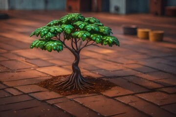 lovely small metal tree on the ground, little dented and rusted from being left out in the rain on a rooftop; - obrazy, fototapety, plakaty