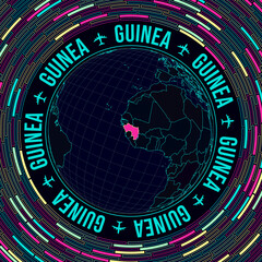 Guinea on globe. Satelite view of the world centered to Guinea. Bright neon style. Futuristic radial bricks background. Beautiful vector illustration.