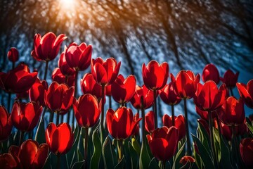 A vibrant scene of red tulips in full bloom, with morning dew on the petals, set against a clear blue sky in a spring garden. The focus is sharp on the tulips, with a softly blurred background.