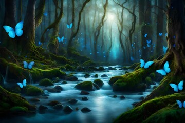 A wide panoramic view of an ancient fantasy forest at dusk, with glowing blue butterflies fluttering around a crystal-clear stream.