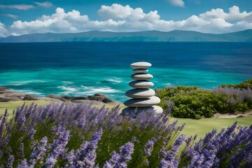 High-definition shot using a 105mm lens of vibrant stacked stones surrounded by minimal lavender and jasmine on a lush green field, ocean in the distance under a blue sky.