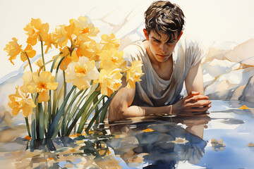 Narcissus reflecting in the pond. Generative AI watercolor illustration. - obrazy, fototapety, plakaty