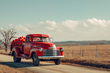 Red retro truck full of red hearts in the trunk on a field road. Generative AI