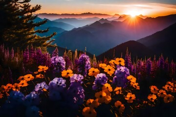 A 105mm lens photograph of a mountain landscape at day light, sunrise, with Different color variations flowers in the foreground, and a sky painted in shades of purple,