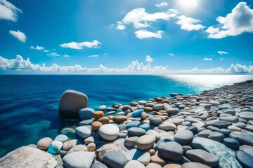 A breathtaking closeup of vibrant balance stones under a brilliant blue sky, overlooking the endless ocean.