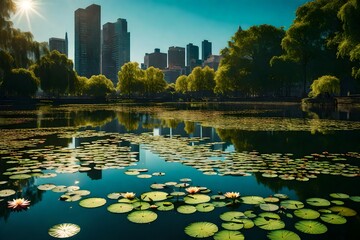 City lake adorned with stunning water lilies, reflecting the vivid cityscape under the radiant sun.