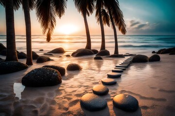 Glistening stones arranged in steps on a tranquil beach at twilight, framed by palm trees against the horizon.