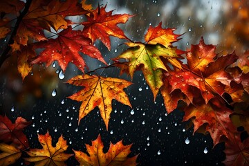 Raindrops glistening on colorful autumn leaves, enhancing the realism of the scene.