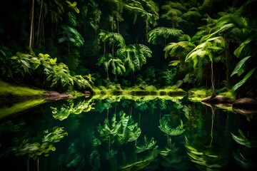 A crystal-clear rainforest river reflecting the lush green surroundings.