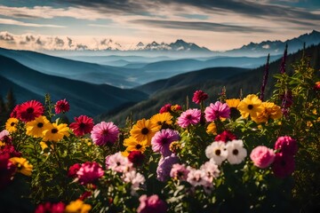 A high-definition 105mm lens photo of a mountain landscape at day light, , with bright Different color variations flowers in the foreground and a beautifully colored sky.