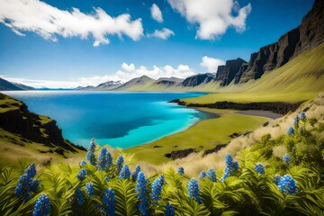 An HD snapshot of a lush Icelandic valley captured through a 105mm lens, highlighting a palm tree amidst a backdrop of mountains and a clear ocean view,