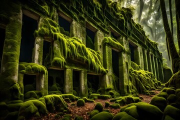 Vibrant green moss clinging to the ancient stones of a rainforest ruin.