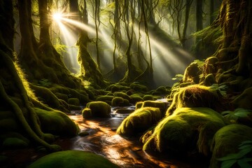 A mossy rainforest glen with sunlight streaming through the trees.