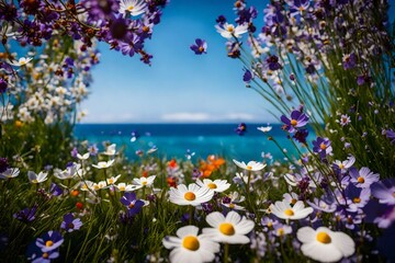 A 105mm lens closeup of colorful balance stones on green grass with scattered lavender, jasmine, and cosmos flowers, set against a clear blue sky and ocean backdrop.