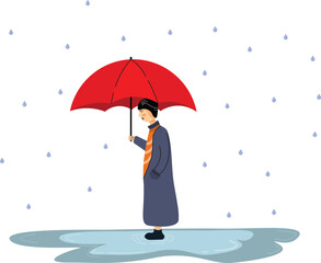 illustration of a man wearing a blue coat, carrying a red umbrella in a bag puddled by falling rainwater