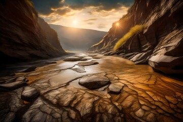 Long river between huge cliff with ground texture and background. Wide view with the sun at the edge of view