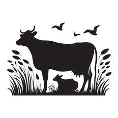 Cow Silhouette Amidst Daylight Fields: Rural Sunshine, Open Pastures, and Detailed Silhouetted Farmland
