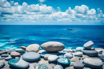 Fototapeta na wymiar A breathtaking closeup of vibrant balance stones under a brilliant blue sky, overlooking the endless ocean.