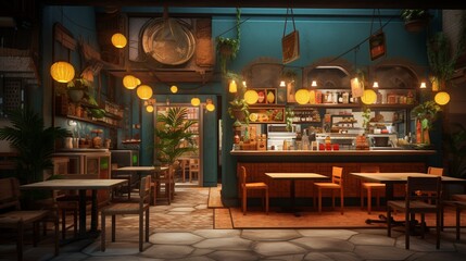 A 3D model of a falafel-themed restaurant with realistic lighting and textures.