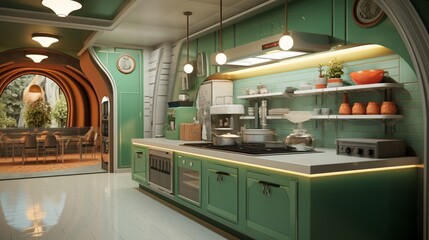 A 3D model of a falafel-themed kitchen with state-of-the-art appliances.