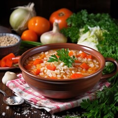 Vegetable Soup, Potage or Solyanka with Vegetables and Cereals, Soljanka, Rich Saltwort with Rice