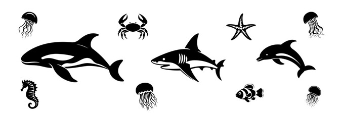 Shark, dolphin, whale, starfish, fish, jellyfish, seahorse, crab illustration, logo. Vector icon drawing on white background - obrazy, fototapety, plakaty