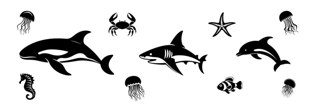 Shark, dolphin, whale, starfish, fish, jellyfish, seahorse, crab illustration, logo. Vector icon drawing on white background