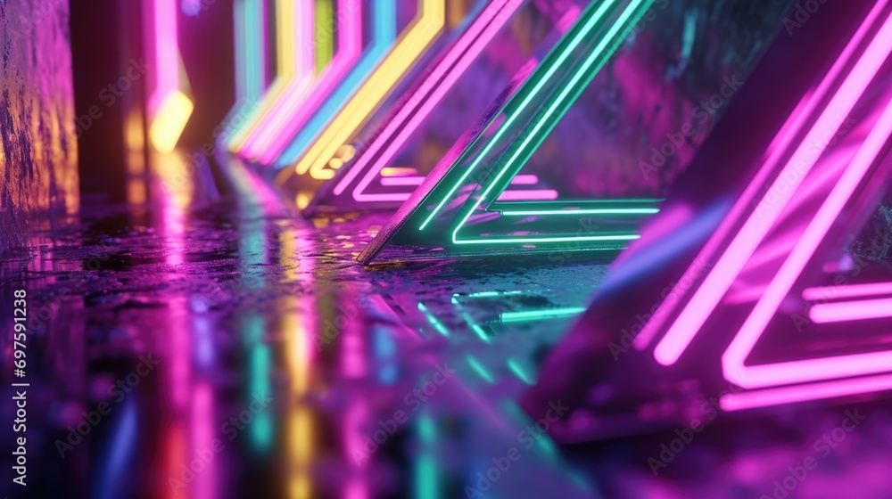 Poster neon lights shining brightly in a dimly lit room. perfect for adding a vibrant and energetic atmosph