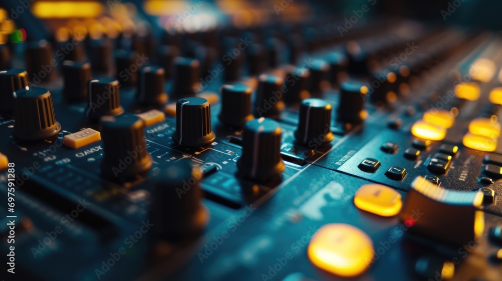 Poster A close-up view of the knobs on a mixing board. This image can be used to represent music production, sound engineering, or audio equipment.