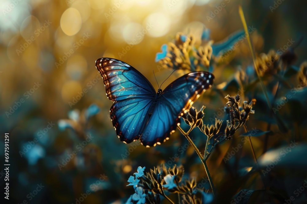 Poster a beautiful blue butterfly perched on top of a vibrant flower. perfect for nature enthusiasts and th