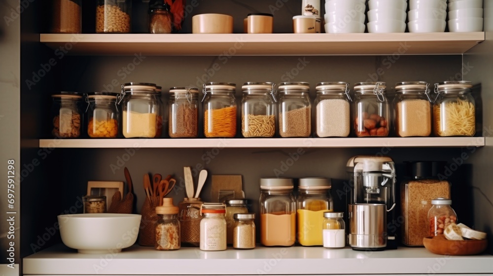 Poster a kitchen shelf filled with a wide selection of different types of food. perfect for showcasing the 