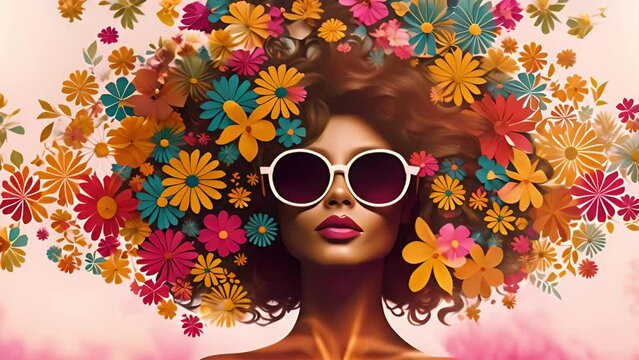 Afro African American woman with flowers in hair. Abstract woman portrait. American black skin girl with flower. Fashion illustration. Trendy modern minimalist design for wall art, beauty postcards, s