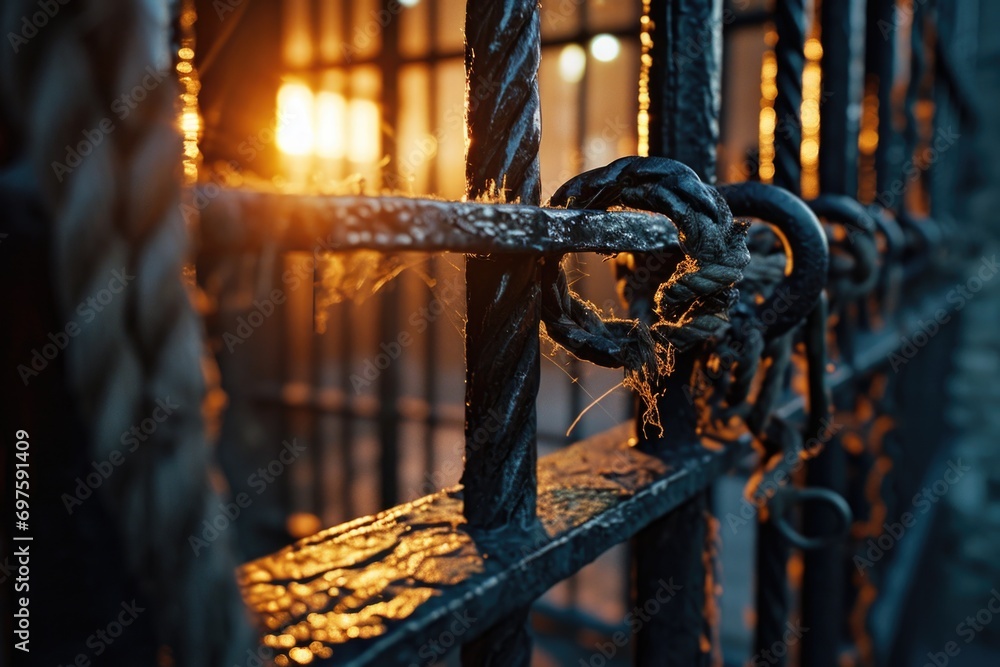 Poster a detailed close-up of a chain on a fence. can be used to represent security, boundaries, or impriso