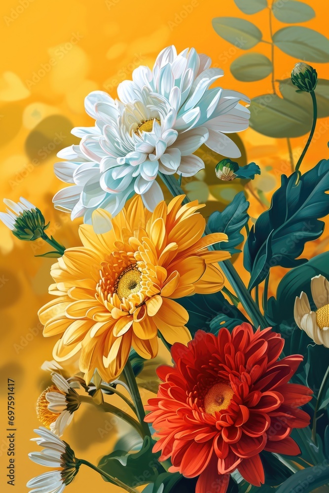 Poster A vibrant arrangement of flowers in a vase. Perfect for adding a pop of color to any space