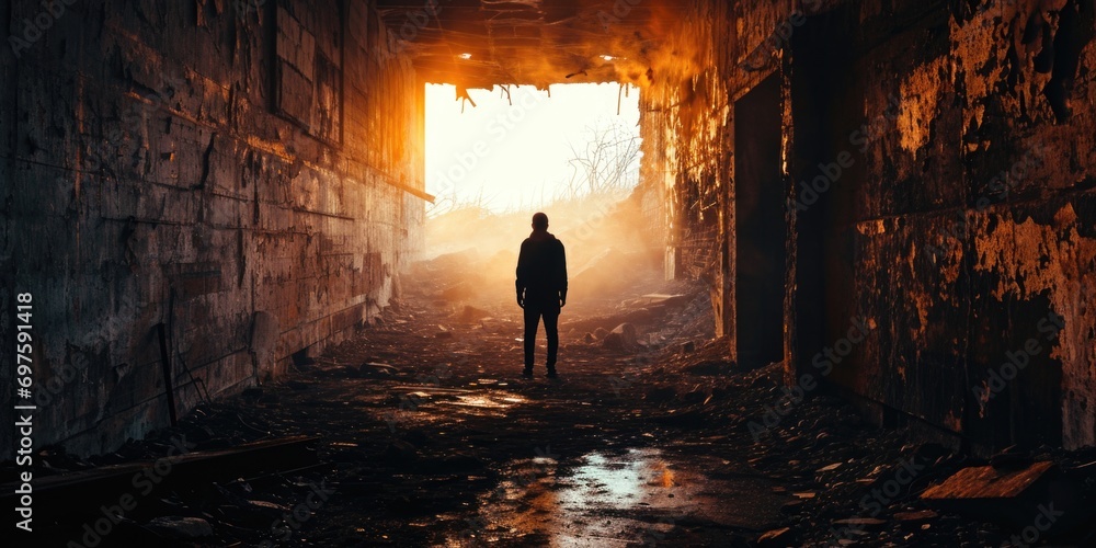 Poster A person is standing in a tunnel with a light at the end. This image can be used to represent hope, new beginnings, or overcoming challenges