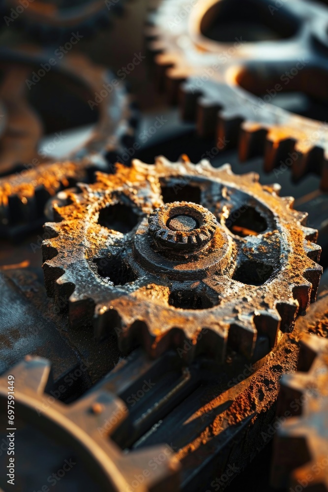 Aufkleber A detailed view of a collection of gears placed on a table. This image can be used to depict mechanical engineering, industrial processes, or the concept of teamwork and collaboration.
