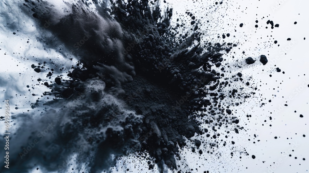 Poster a powerful explosion of black powder against a clean white background. perfect for adding energy and