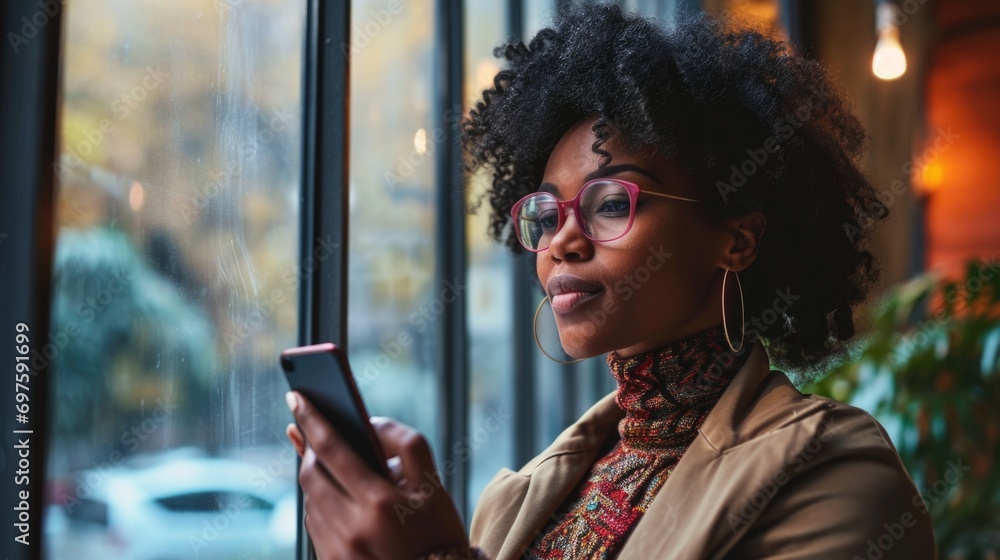 Poster a woman is seen looking at her cell phone in front of a window. this versatile image can be used to 