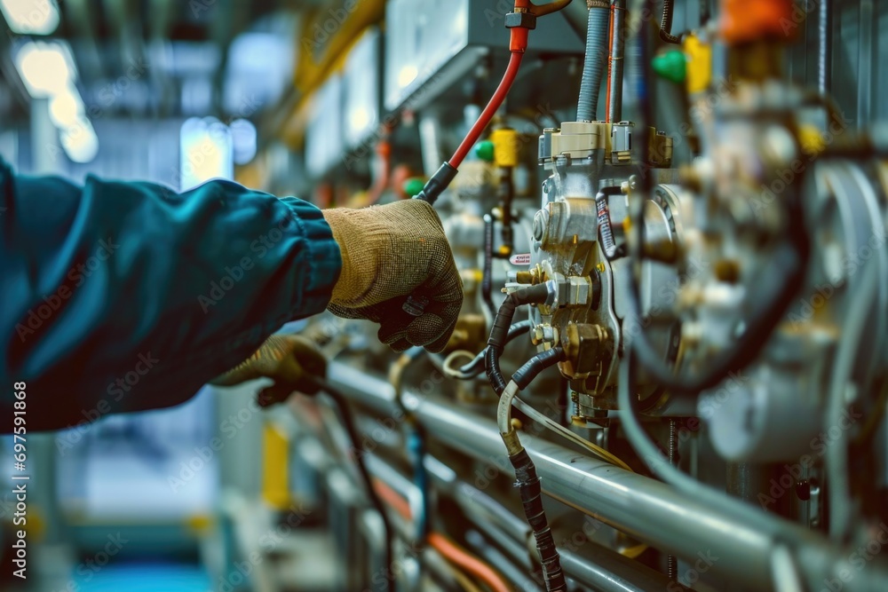 Aufkleber a man in a blue jacket operating a machine. suitable for industrial and manufacturing concepts