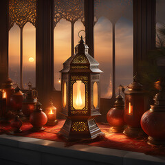 Ramadan lantern with a sunset in the background